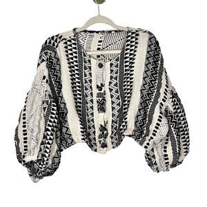 Ivy Jane Tribal Knit Aztec Button-Front Crop Cardigan Sweater Puff Sleeve Boxy